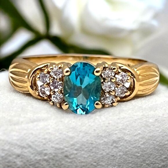 Vintage Ring Size 9 Blue Cubic Zirconia Crystal 18K Gold Plate Mid-Century 14E - Picture 14 of 15